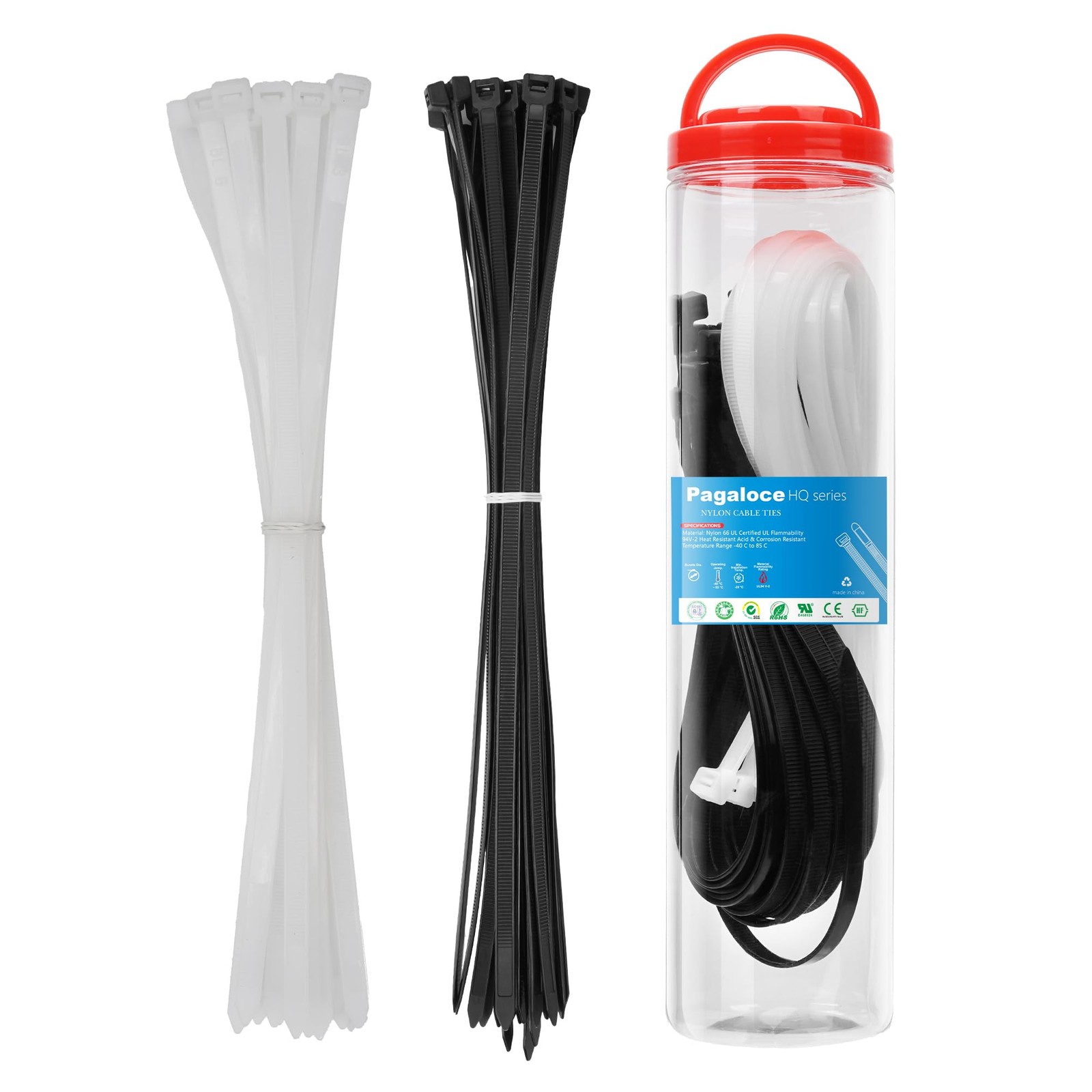50 Pack Zip Cable Ties (Black and White, Each 25pcs), 7.2*380mm, Black, White