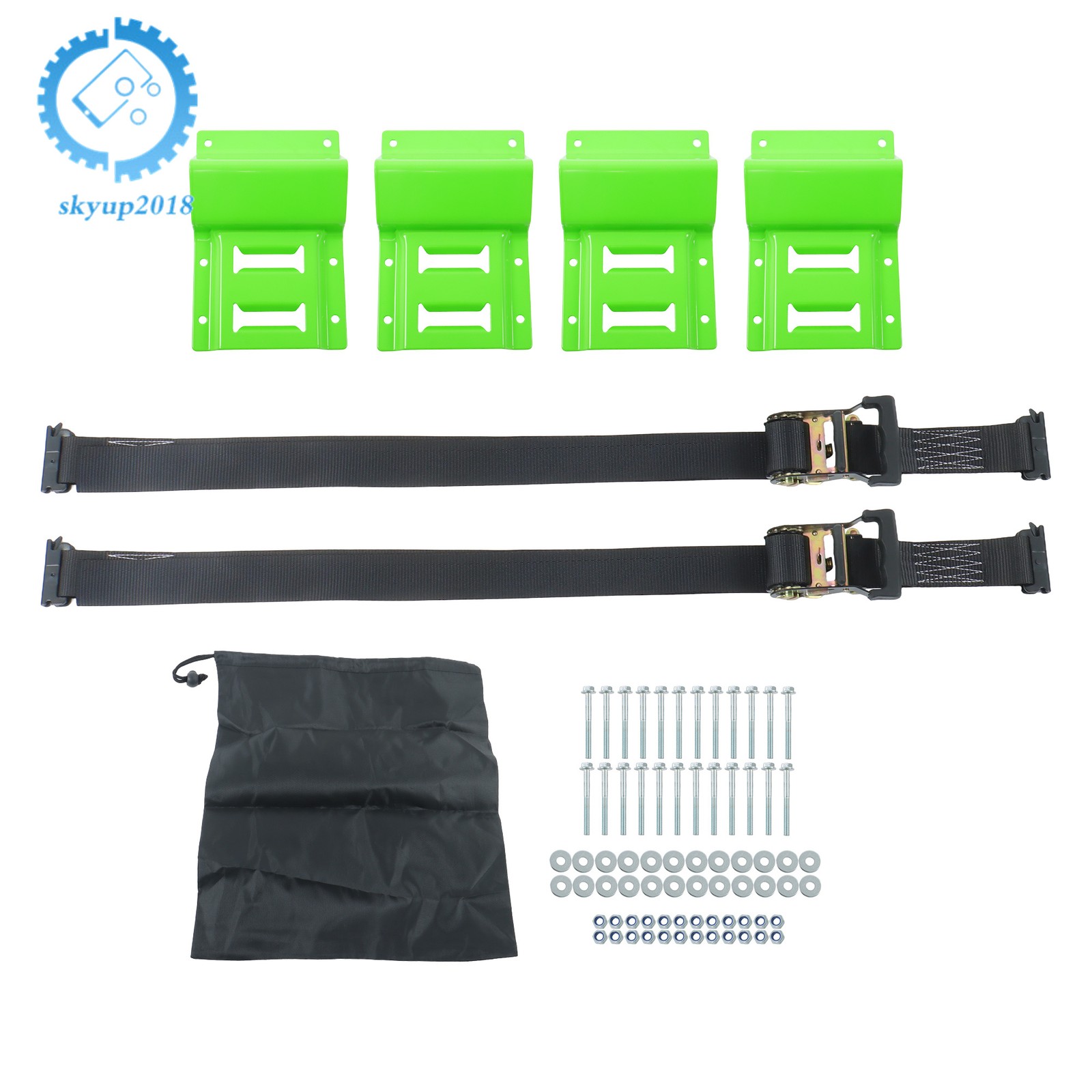 Light Green Wheel Chock and 8ft Black Ratchet Strap Kit Fit For E Track System