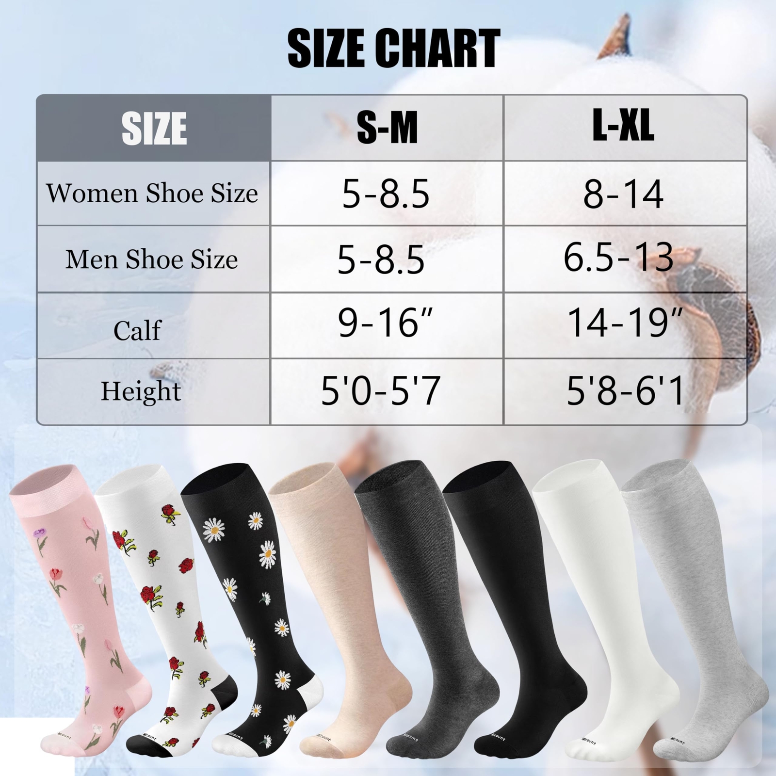 Cotton Compression Socks for Women Men 15-20mmHg Knee High Support Sock