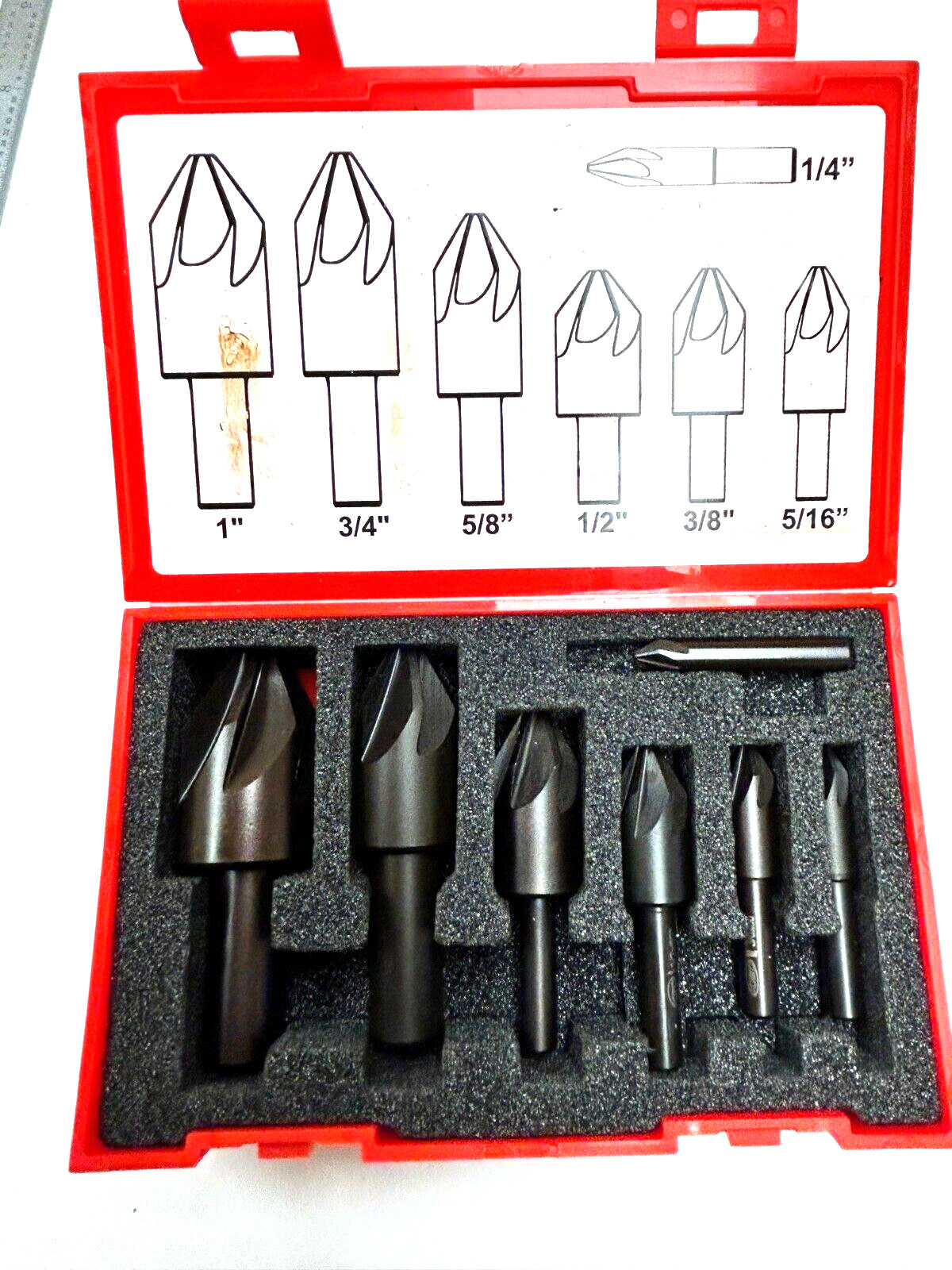 7 PIECE COUNTERSINK SET 1/4-1" 6 FLUTE 60 DEGREE BLACK KEO 55018 USA
