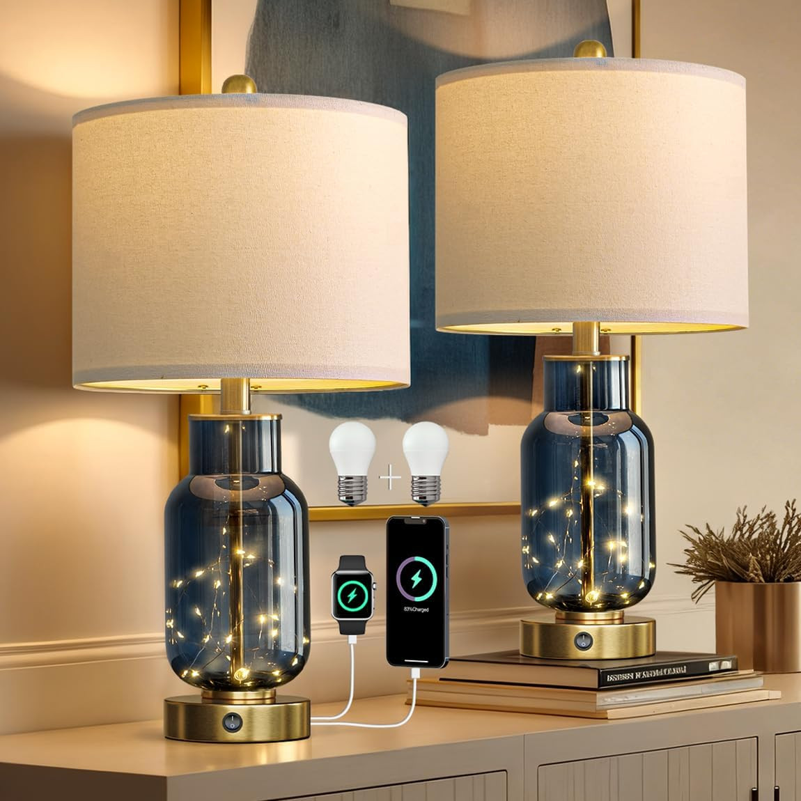 22" Glass Table Lamps Set of 2, Blue Modern Bedside Lamp with LED Night Light fo