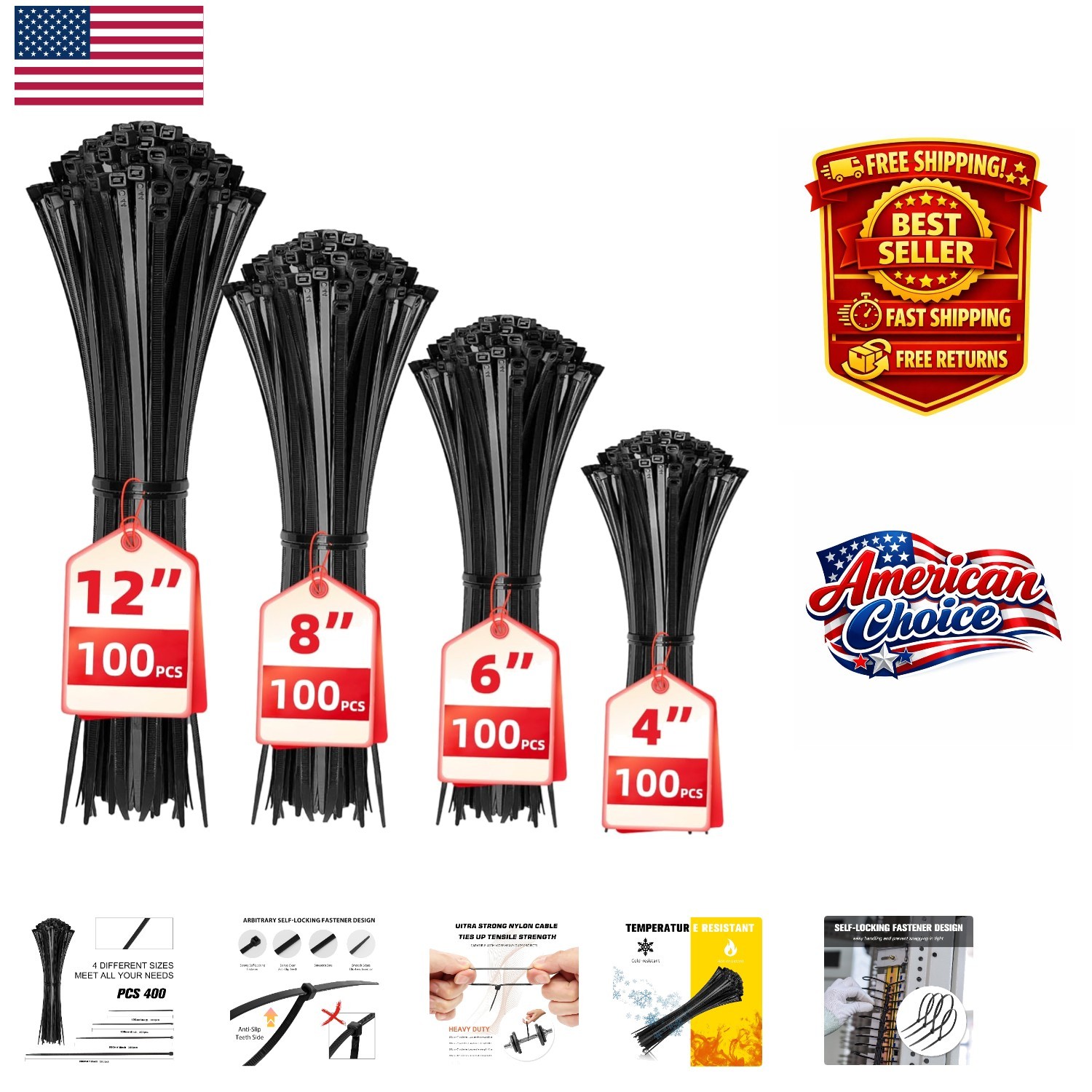 Versatile Self-Locking Black Cable Ties - 400 Assorted Sizes for All Needs