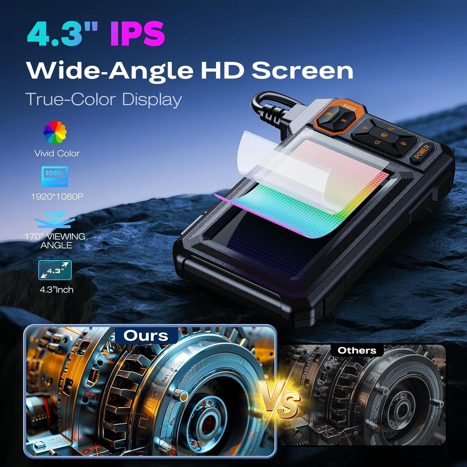 Endoscope Camera with Light, Borescope Camera with 4.3" IPS Screen, IP67