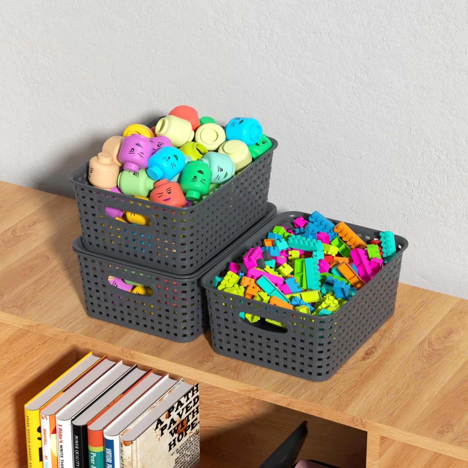 6 PCS Gray Weave Lidded Storage Baskets Matching DustProof Lids Stackable Bin