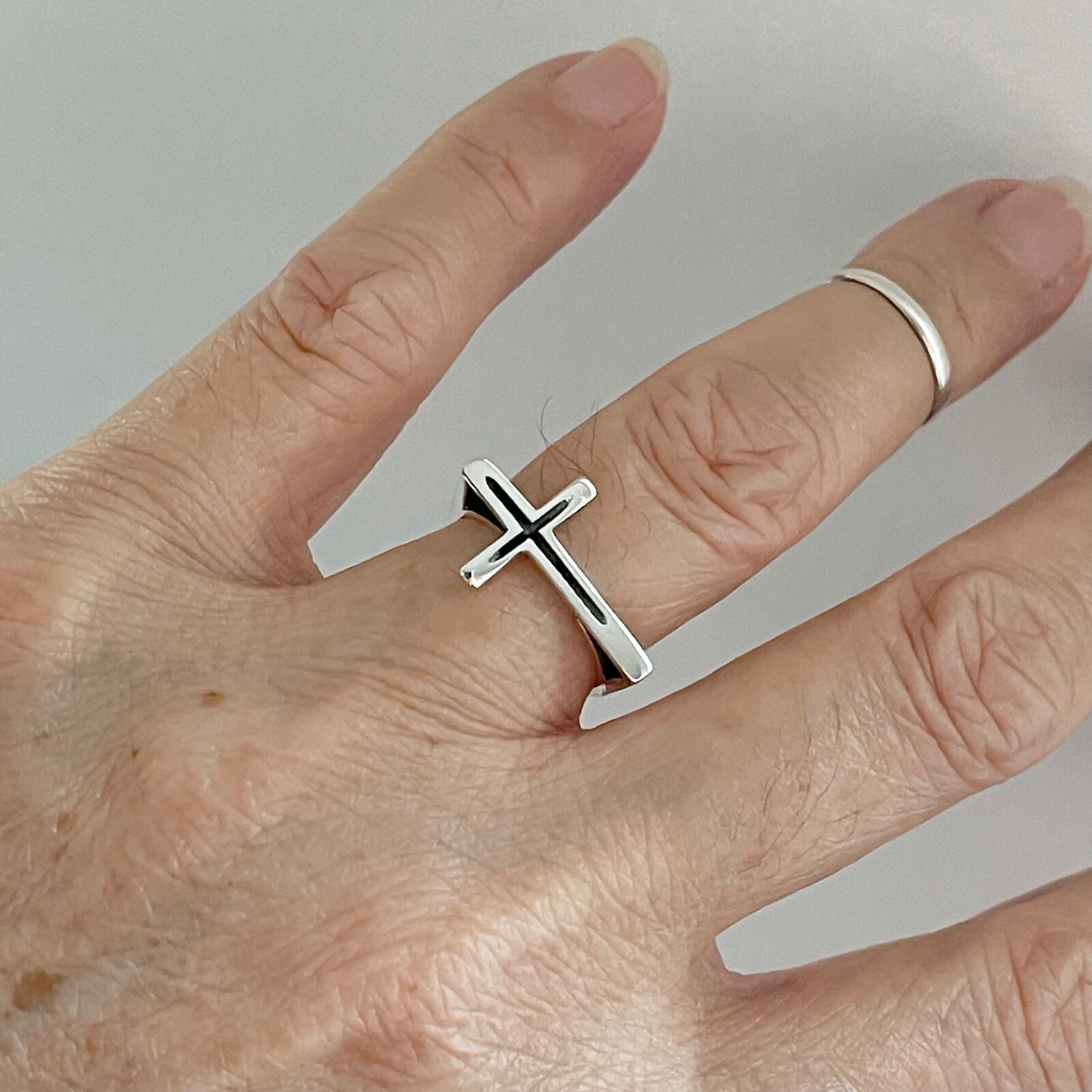 Sterling Silver Unisex Large Sideway Cross Ring, Religious Ring, Silver Rings