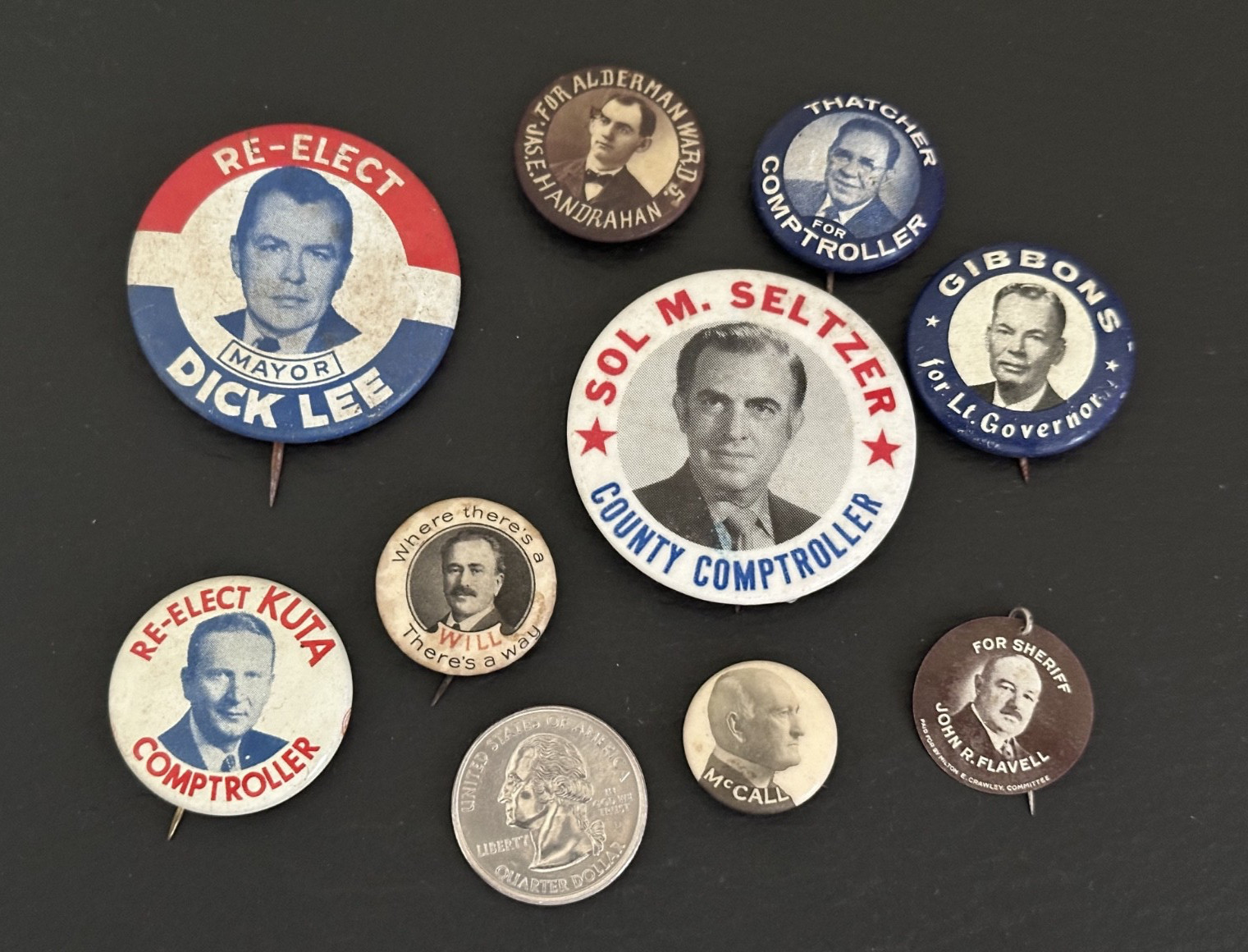 9 VINTAGE POLITICAL CAMPAIGN PIN BUTTONS: MAYOR, LT. GOVERNOR, ALDERMAN, + M723