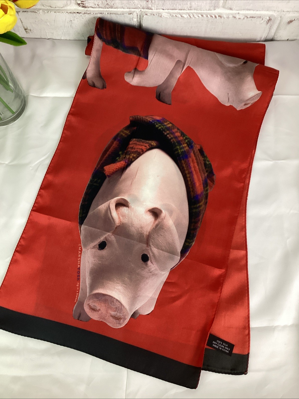 Pigs In A Blanket 100% Silk Scarf Red Pink Black NEW 54" x 12"