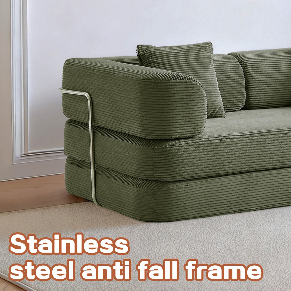 Convertible Floor Sofa Bed w/ Blanket Pillow, Modern Corduroy, Antique Green
