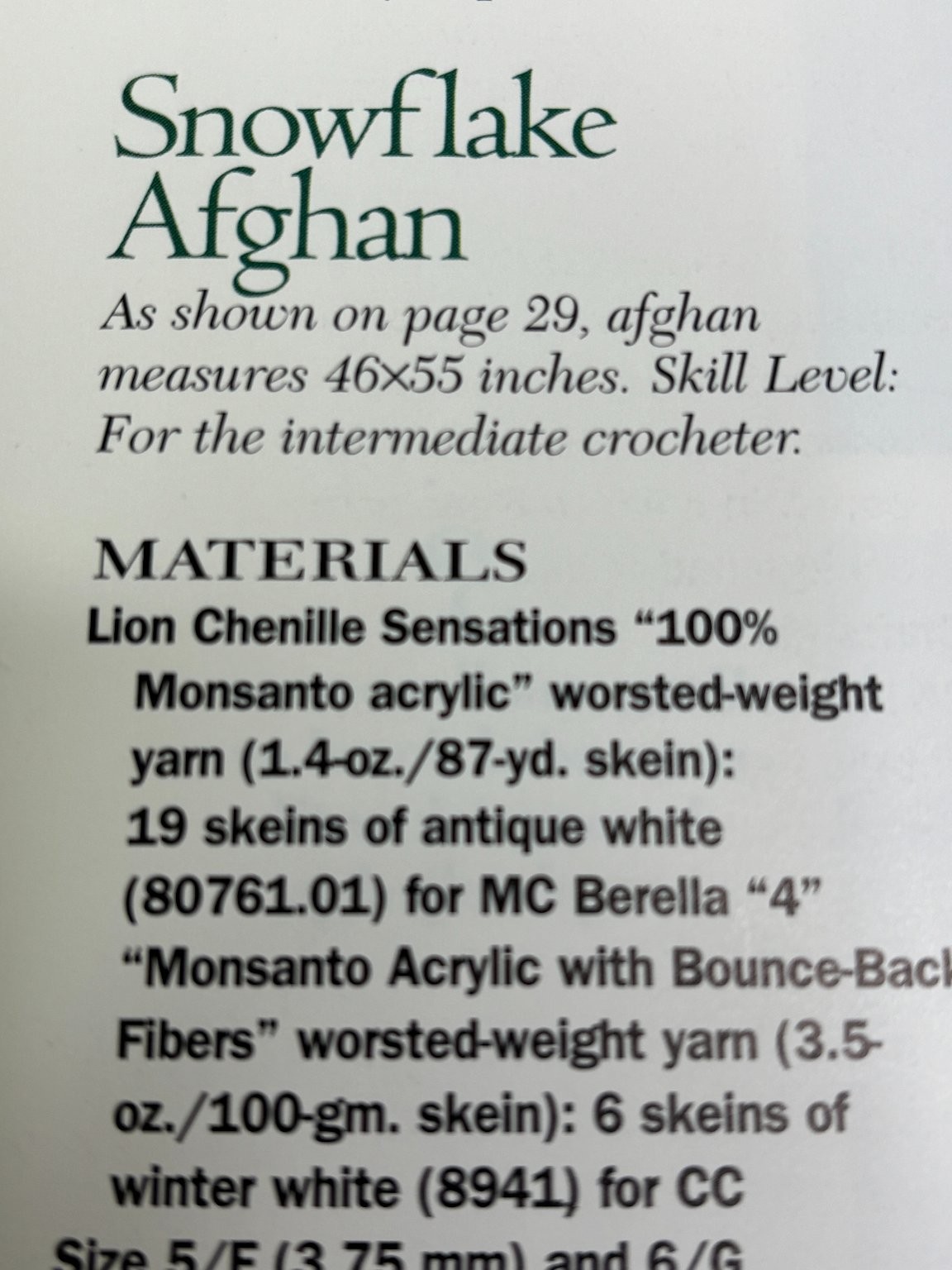 Chenille Snowflake Afghan Crochet Pattern Intermediate Pages from Book