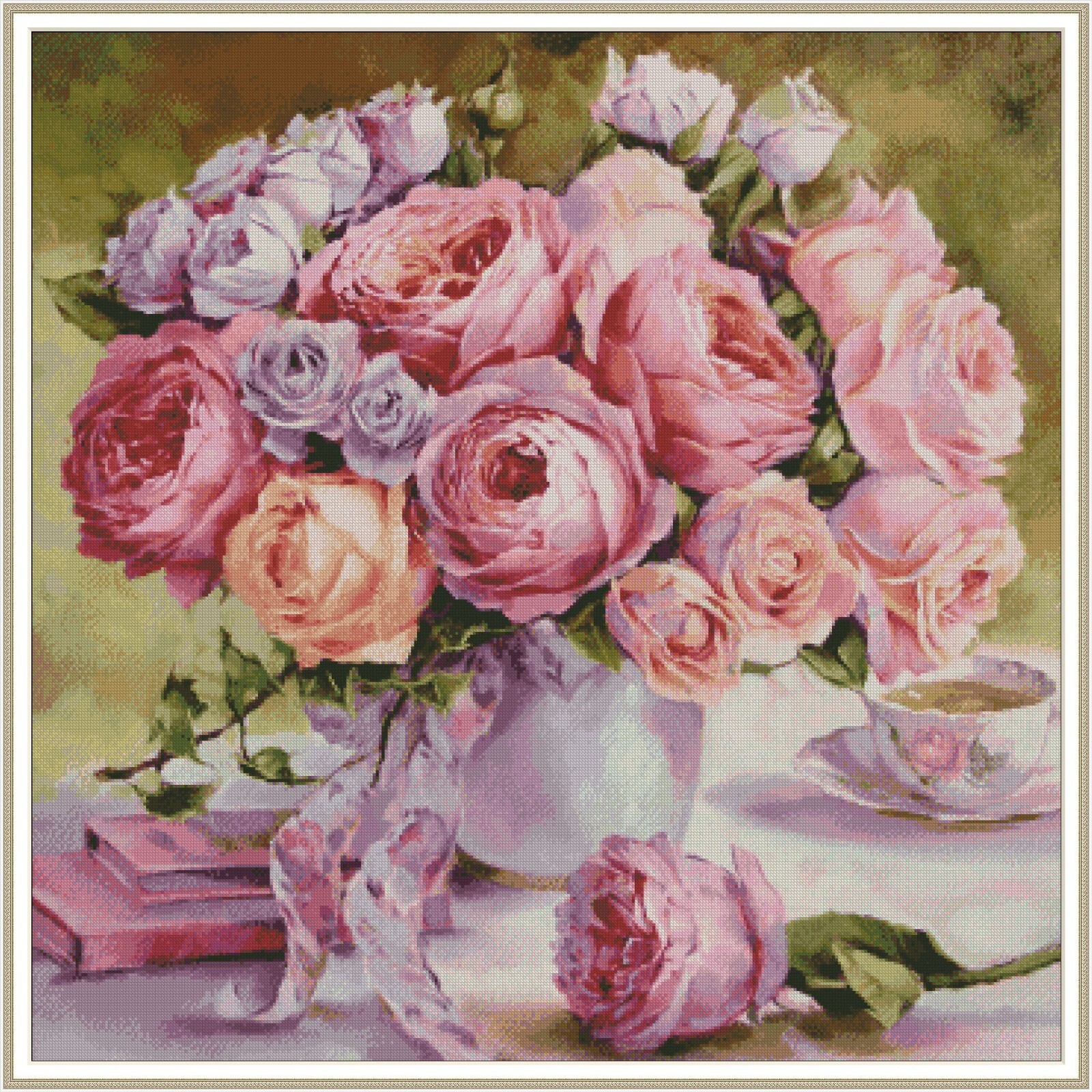 Pink Garden Roses 1075 - Chart Counted Cross Stitch Pattern craft