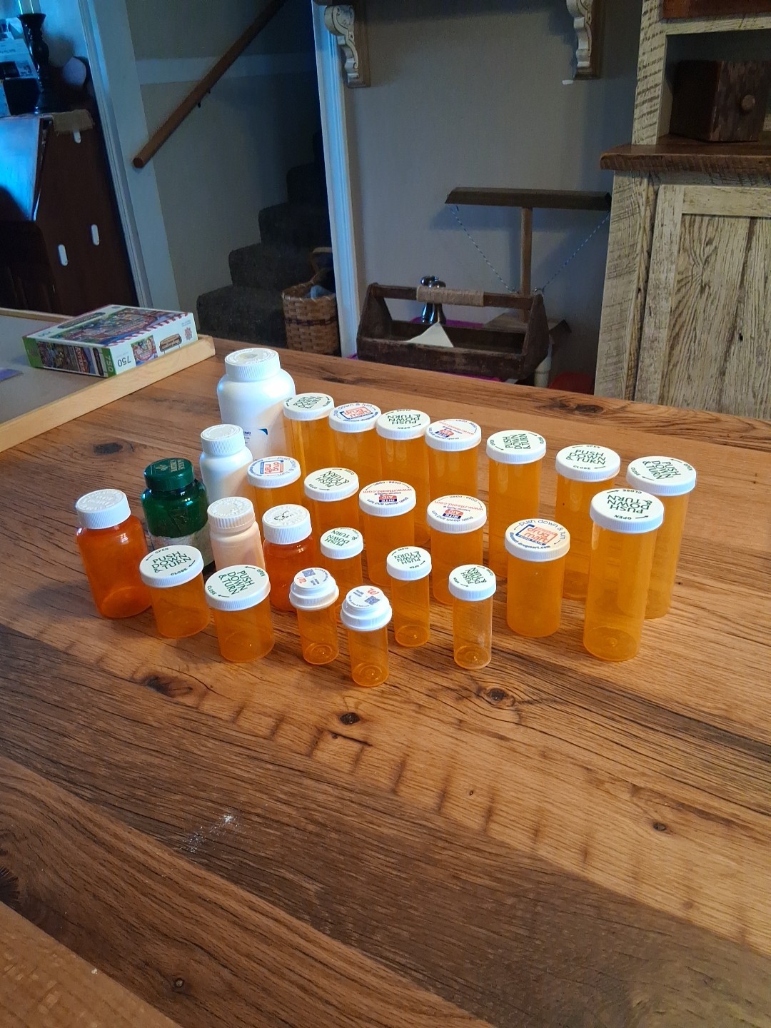27 Empty Pill Bottles Various Sizes 7"-3" Crafts Storage White Amber Grn Safety