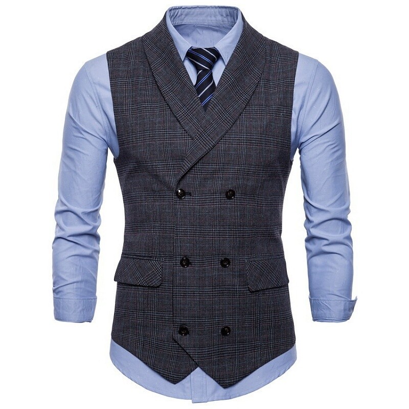 Men's Suit Vest Jacket Double Breasted Check Slim Formal Waistcoat Top Classic