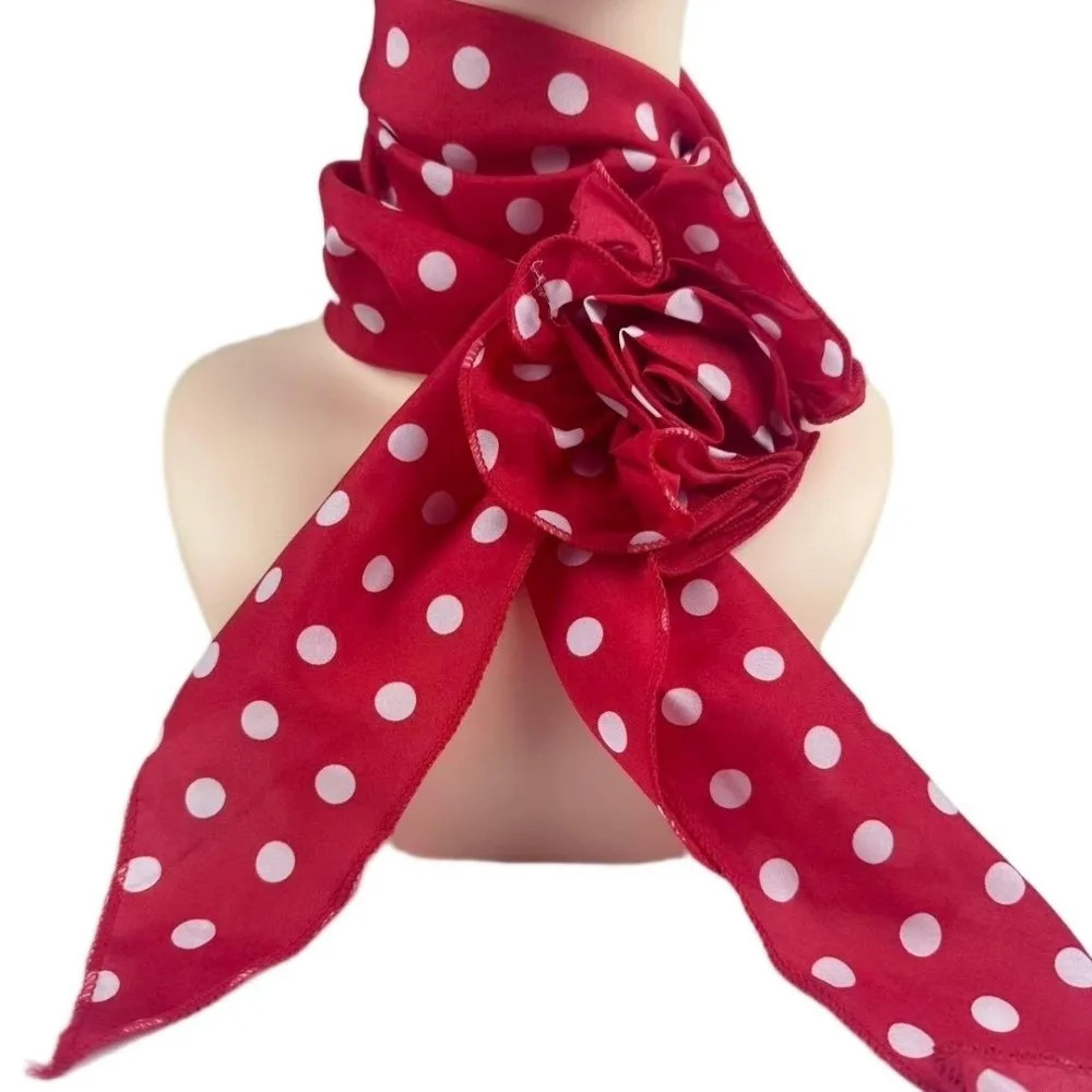 Fashion Detachable Chiffon Long Scarf Versatile Thin Polka Dots Rose Decor Neck