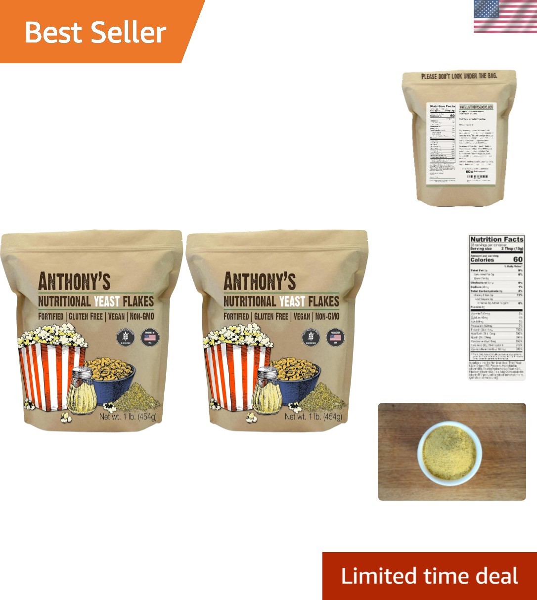 Nutritional Yeast Flakes, 1 lb, Fortified, Gluten Free, Non GMO,  Pack of 2