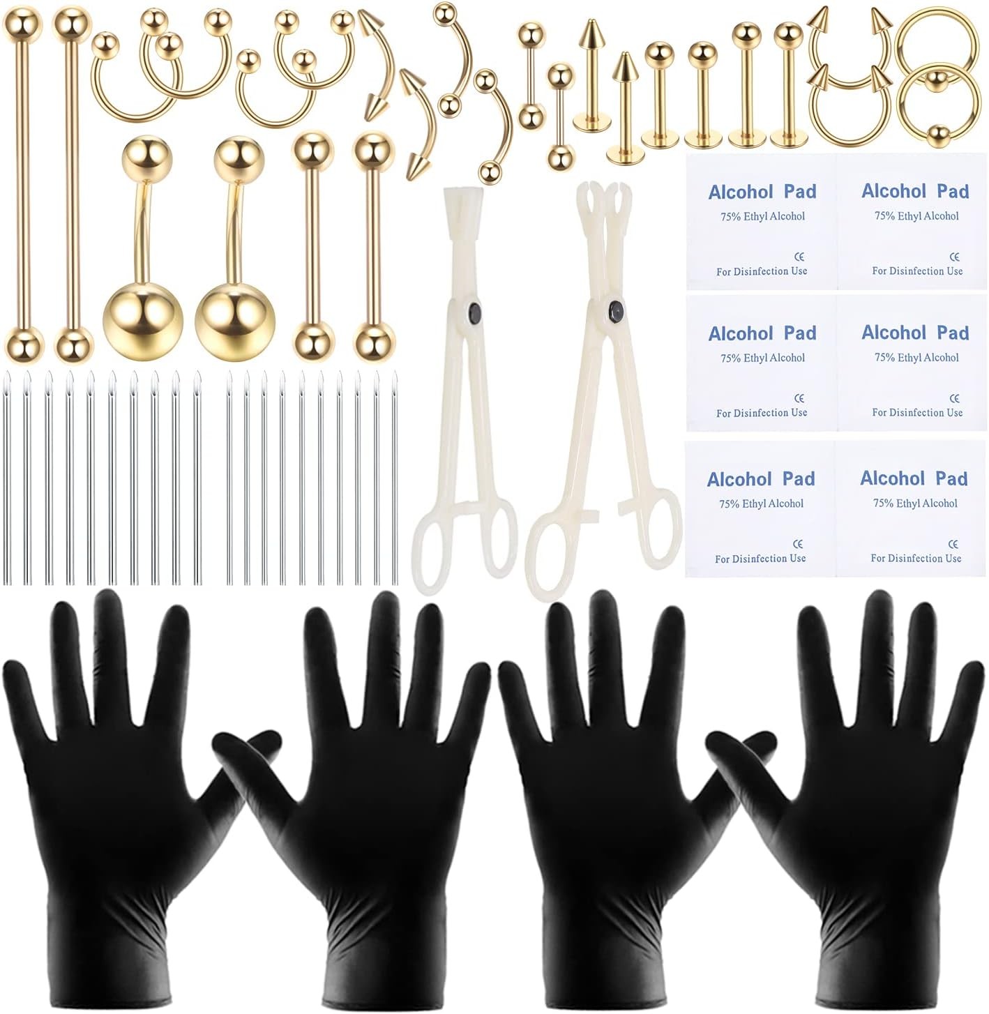58PCS Body Piercing Kit Surgical Steel 14G 16G BCR CBR Labret Lip Rings Gold