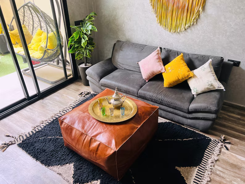 Large Unstuffed Moroccan Leather Pouf Premium Boho Footrest Genuine Ottoman 30''