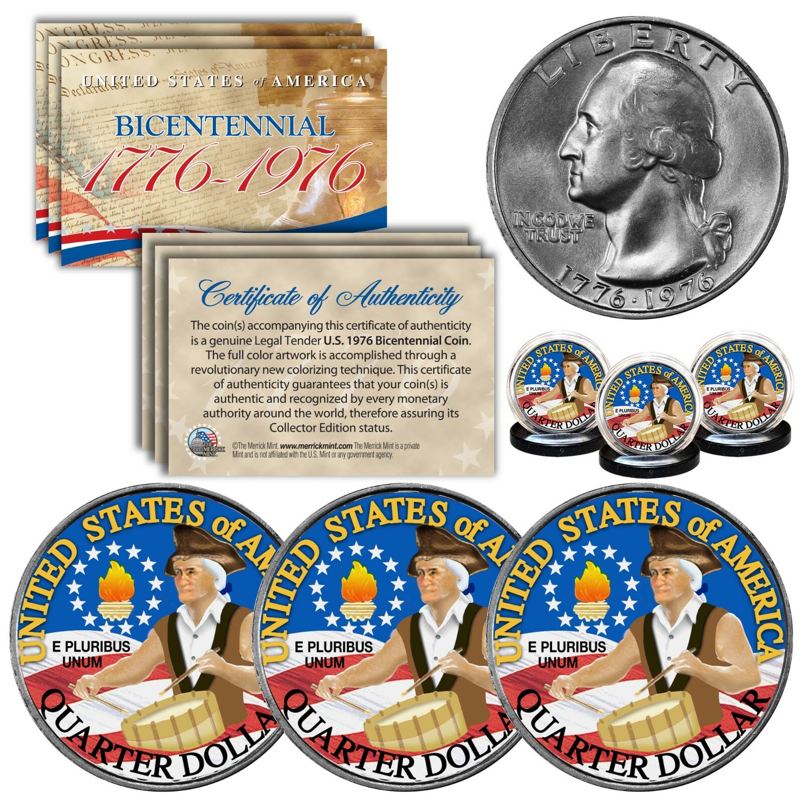 1976 Bicentennial Washington U.S Quarter Colorized Colonial Drummer Coin - QTY 3