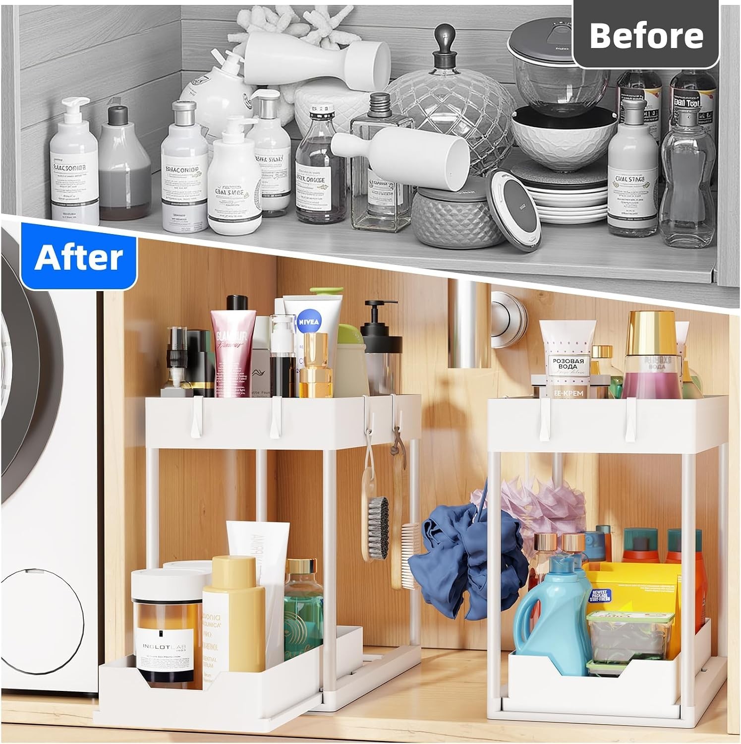 2pack Under Sink Organizer with Sliding Drawer, White | 2-Tier Multi-Use