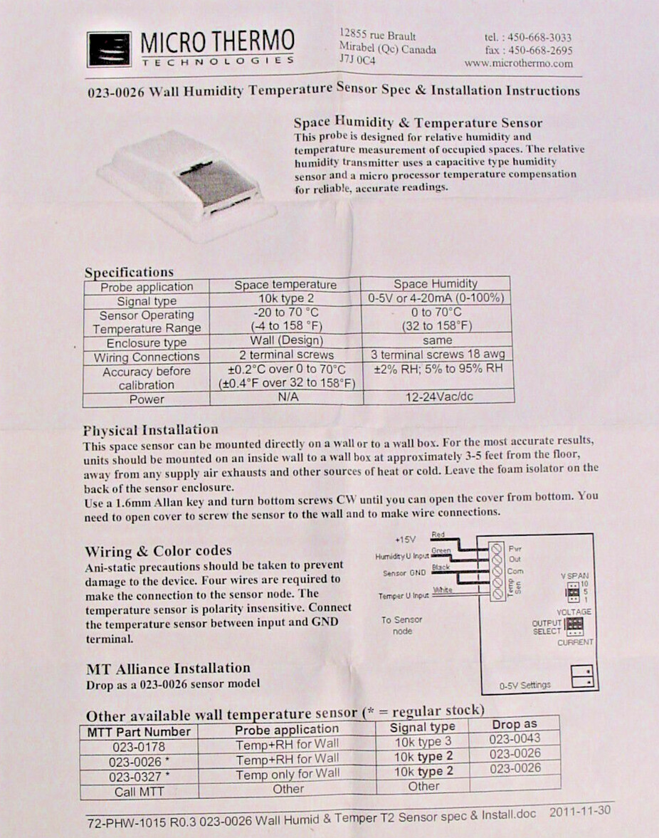 Micro Thermo Technologies 23-0026 023-0026 Wall Humidity Temperature