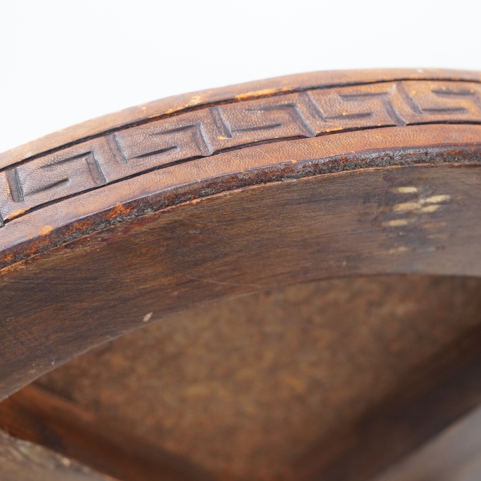 Hand Tooled Leather Top Wooden Stool Ottoman Ethnic Peru Mayan Aztec Warrior