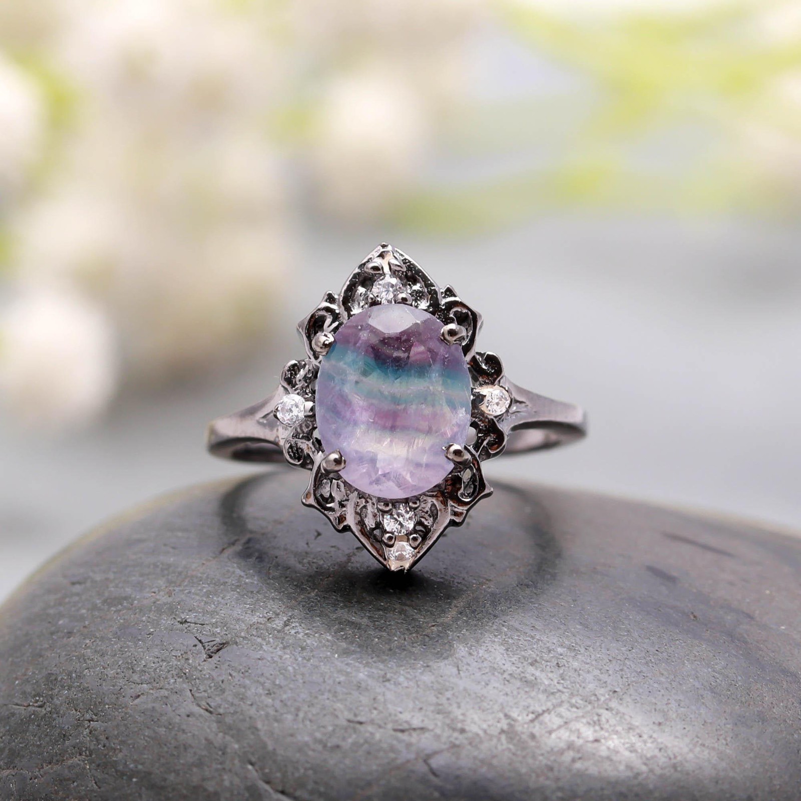 100% Natural Rainbow Fluorite Oval Ring Black Oxidized Solid Silver Jewelry