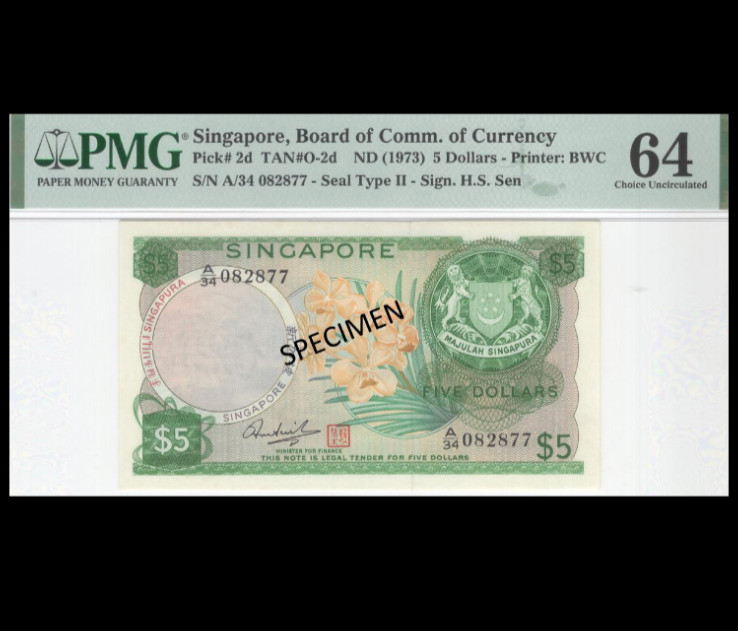 1973 Singapore, Orchid Series $5 HSS w/Seal P-2d PMG 64