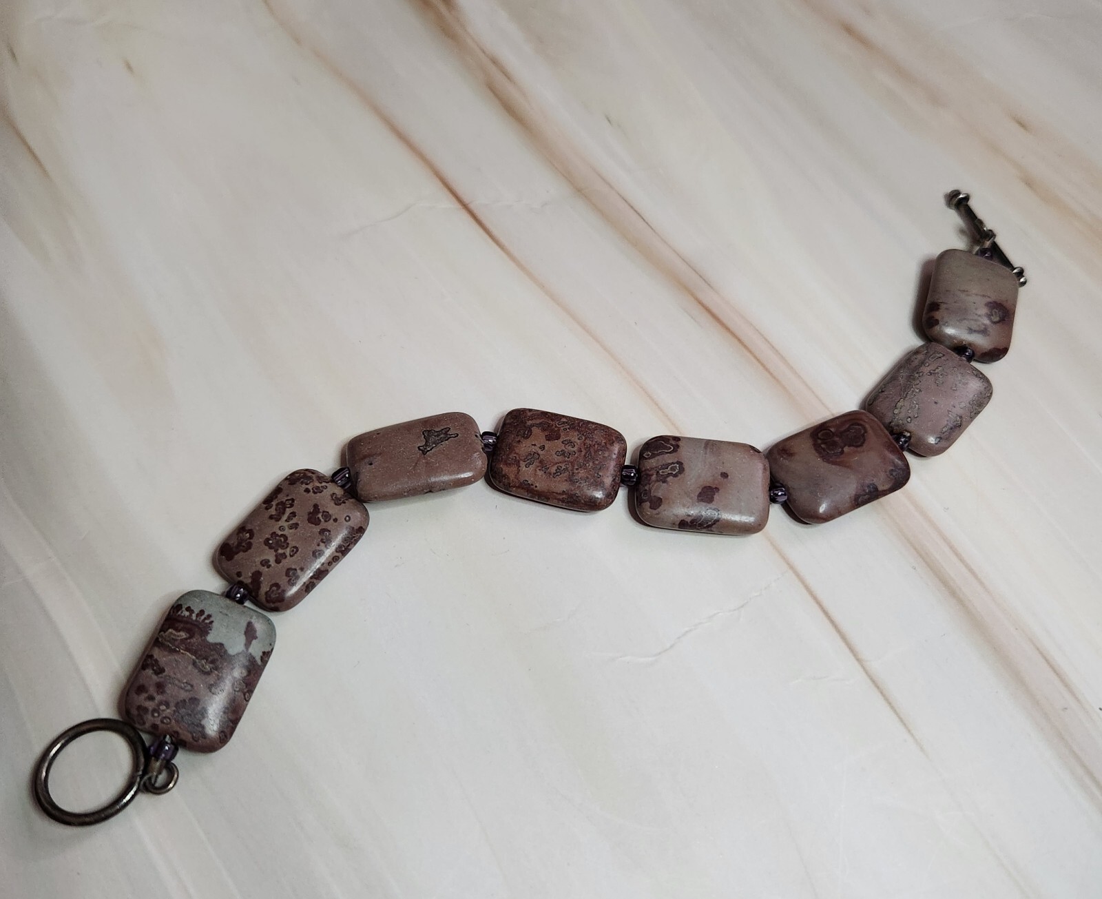 Natural Brown Jasper Crinoid Rectangular Stone Beaded Bracelet