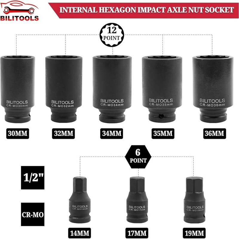 12 Point Axle Nut Socket Set 1/2 Drive Impact Deep Sockets Car Maintenance Tools