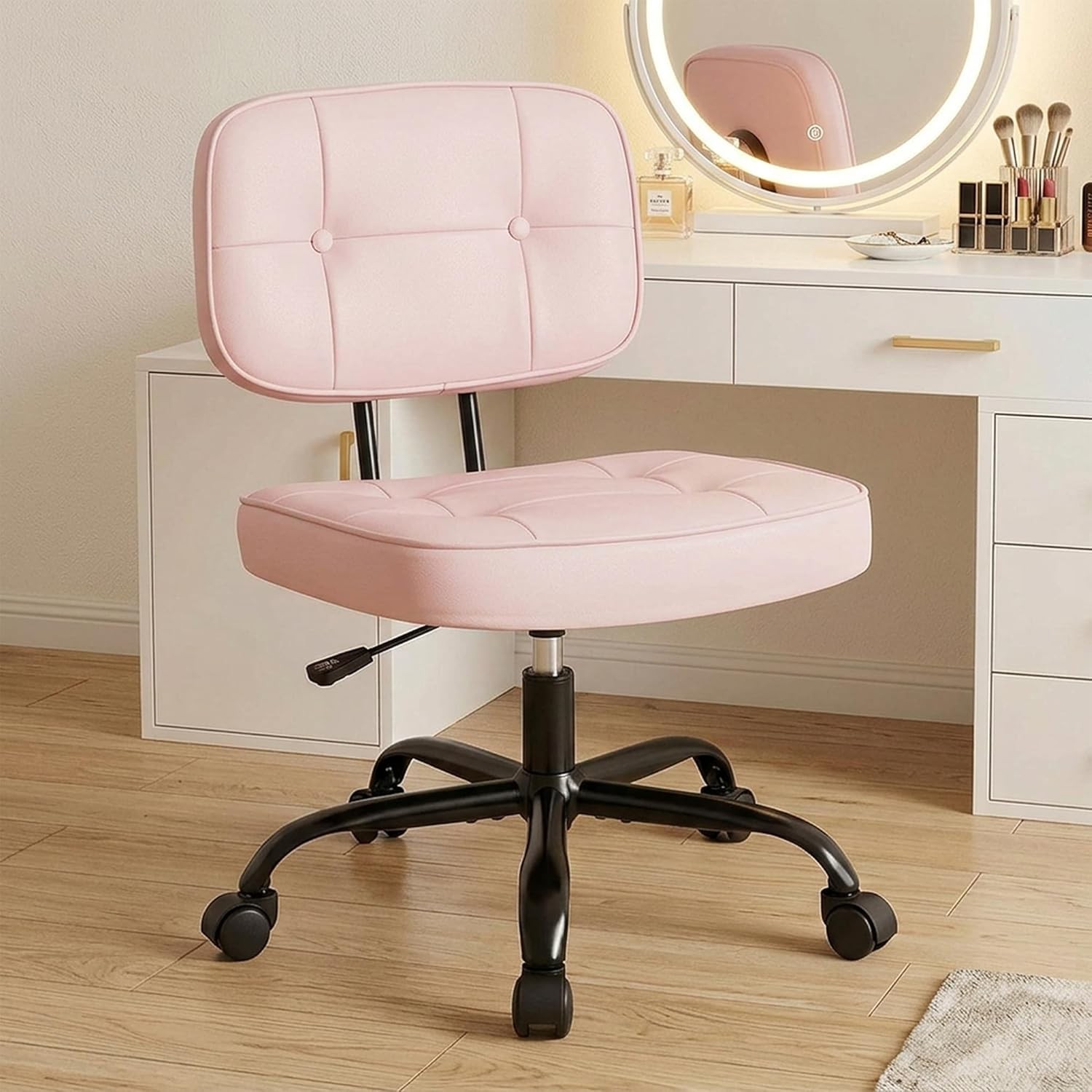 JHK Small Swivel Vanity Chair w/ Low Back,PU Leather Armless Rolling Desk Chair