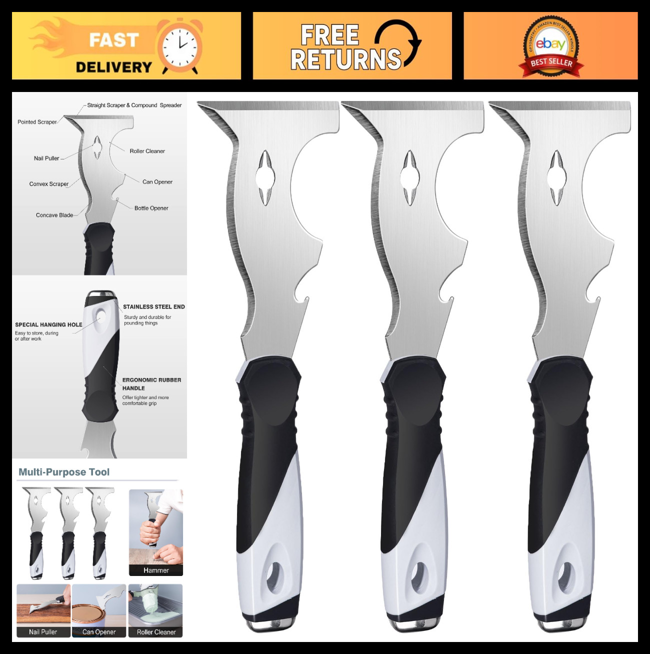 3PC 10-in-1 Paint Scraper Set, Multi-Use Putty Knife Tool with Hammer End - DIY