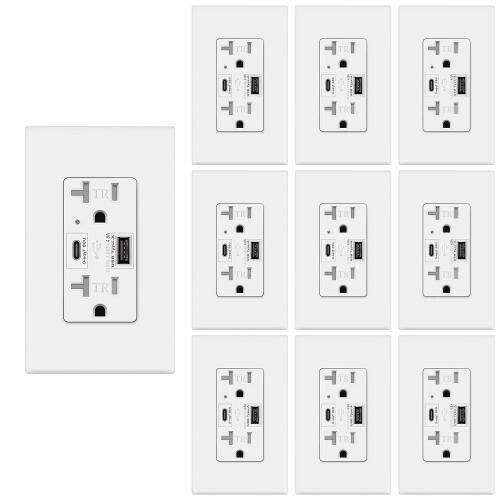 4.8A USB C Outlet UL Dual High Speed, Receptacle 20 Amp,125 Volt, White ,10Pack