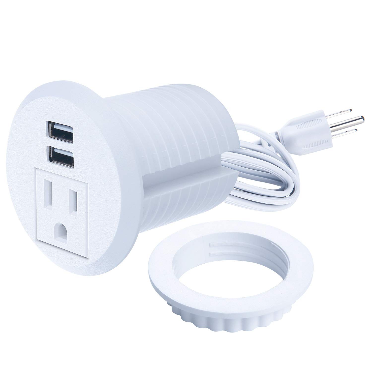 2 Hole Desktop Power Grommet, 1 Outlet, 2 USB Ports, 6.5ft Cord, Table Mount
