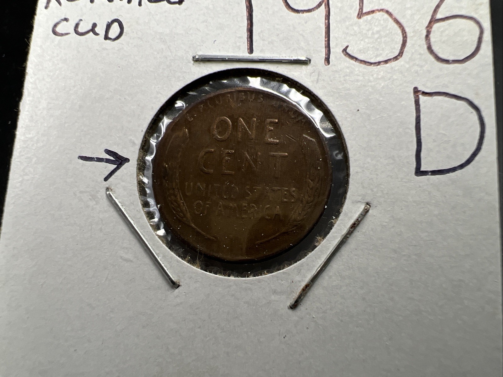 1956 D 1c Lincoln Wheat Cent Penny Die Cud Reverse in Wheat CH VF Circ