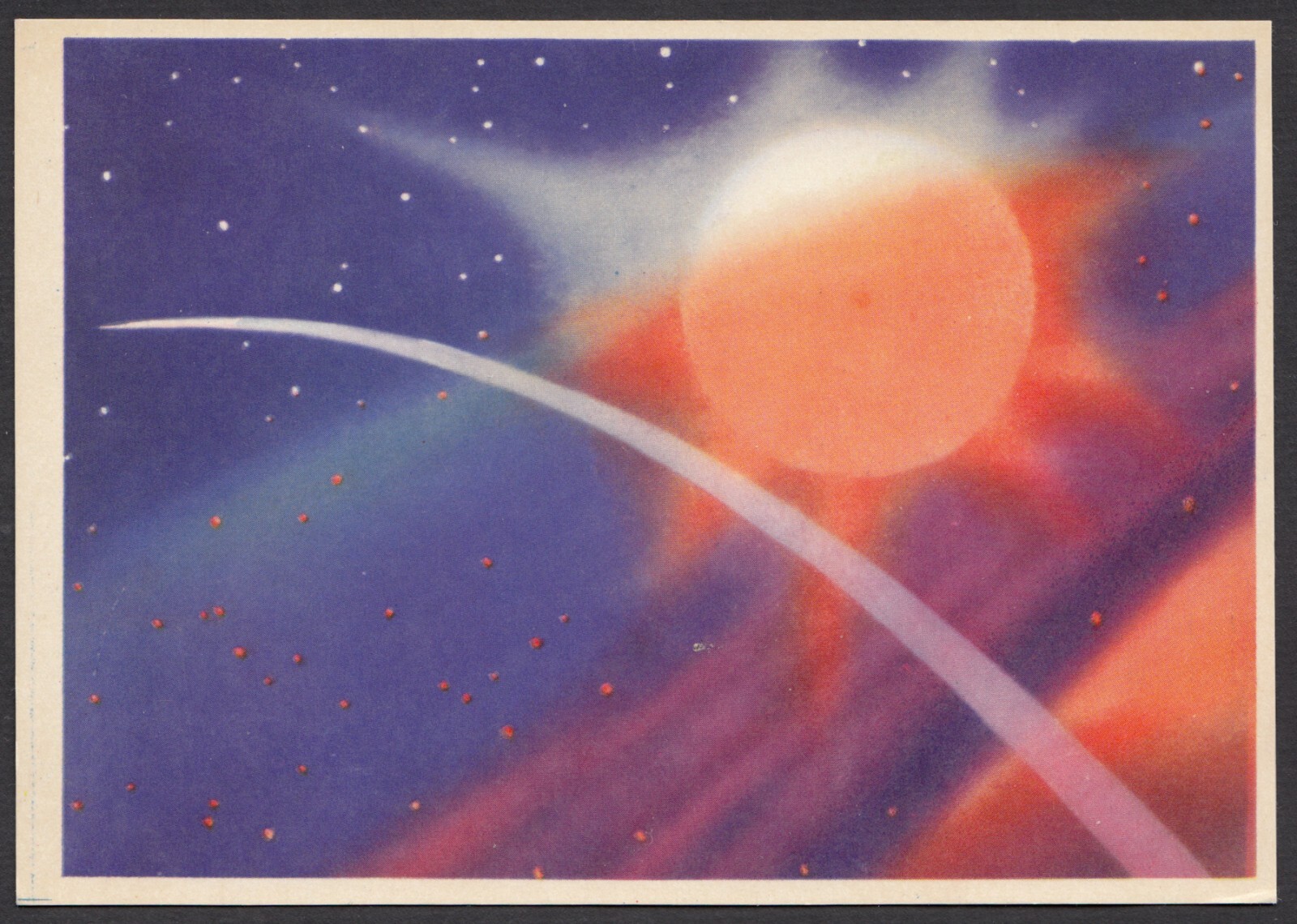 1965 Soviet cosmonauts near Blue Sun in Space artwork Sokolov vintage postcard