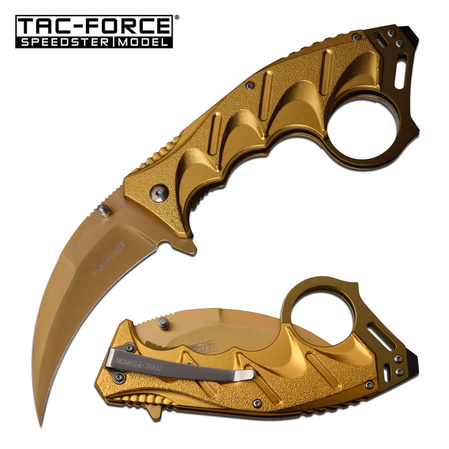 TAC-FORCE Tactical Karambit Assisted Open Knife Gold 3CR13 Steel, w Tool TF-957