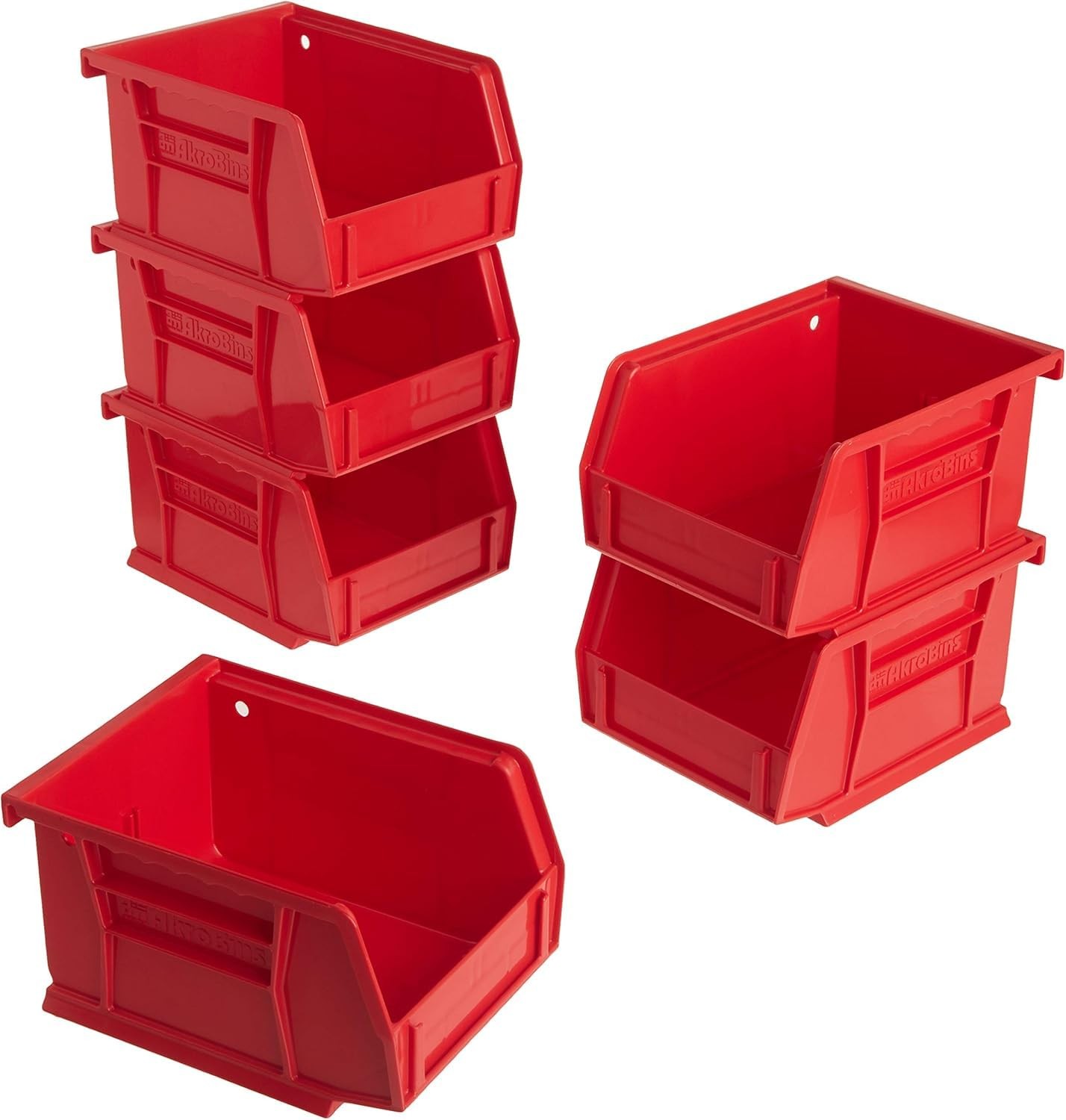 Akro-Mils 30210 AkroBins Plastic Storage Bins, Space-Saving 6 Pack, Red