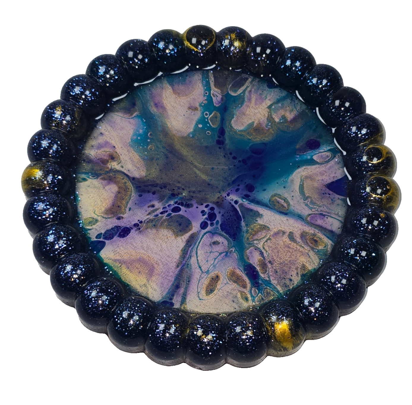 Handmade Resin Trinket Dish 5” Round Blue White Purple Gold Swirl Bubble Rim