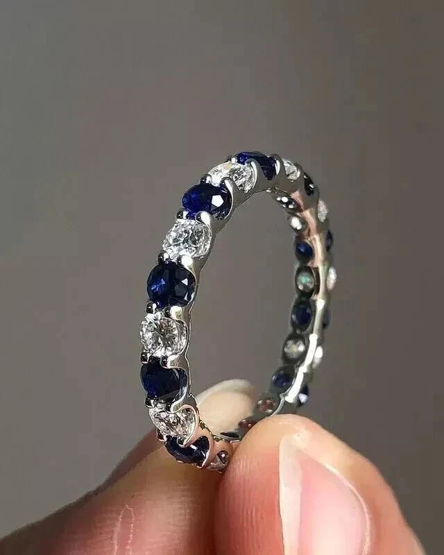 2Ct Round Cut Lab Created Diamond & Sapphire Wedding Band 14K White Gold Plated