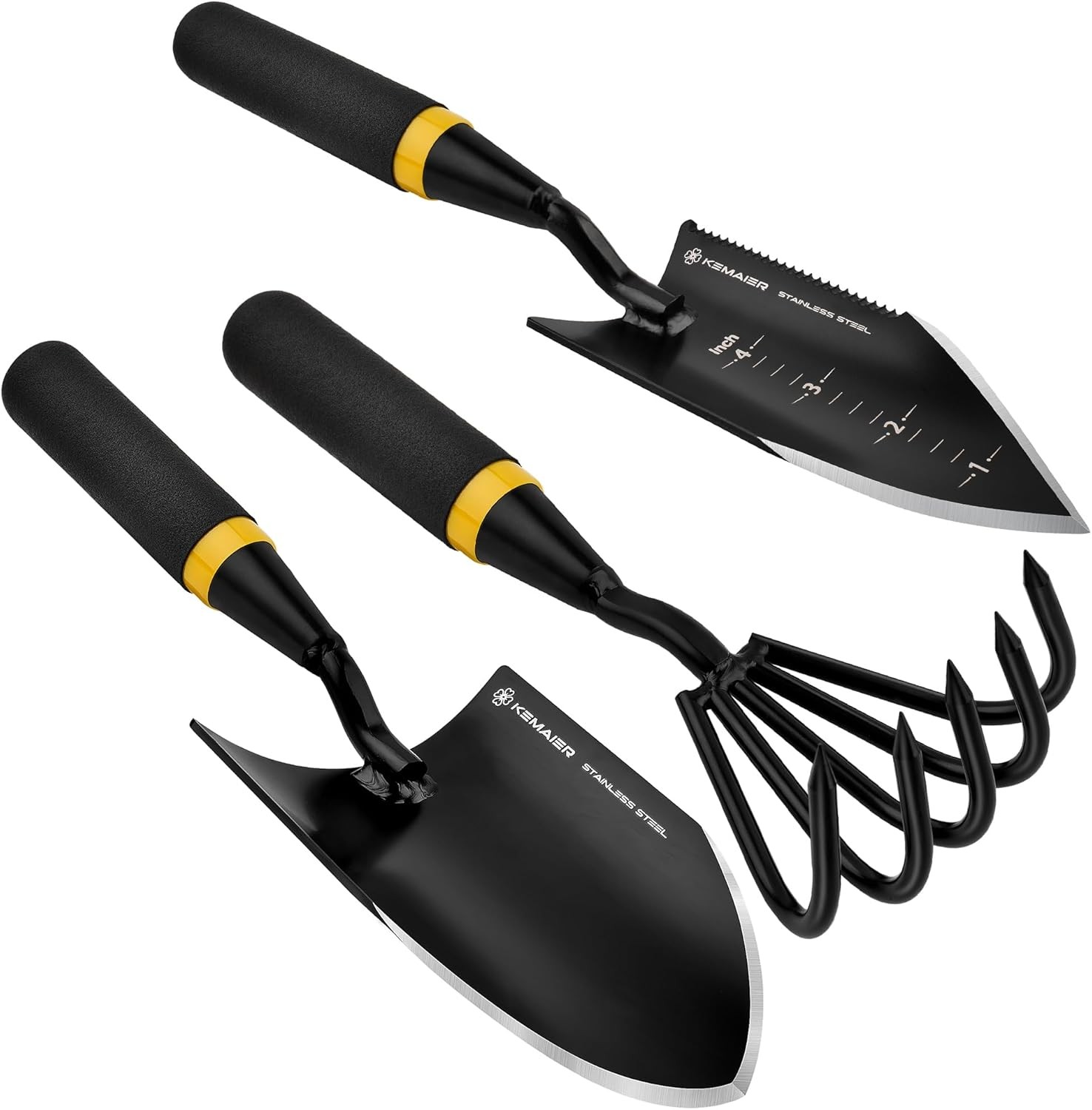 3 Pieces Garden Tools Set Stainless Steel Trowel Cultivator Transplant Kit Black