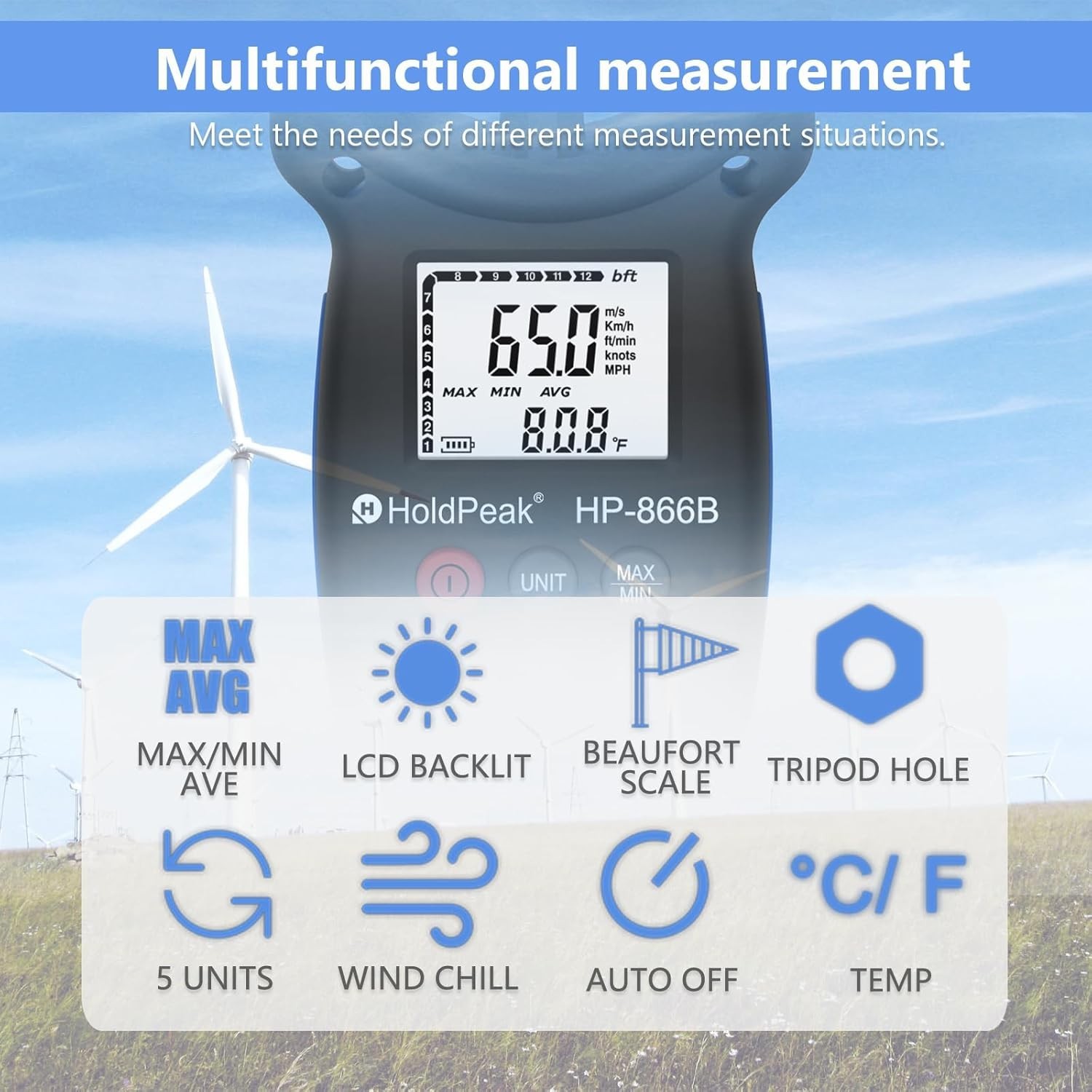 HoldPeak 866B Digital Anemometer Handheld Wind Speed Meter for Measuring Wind...