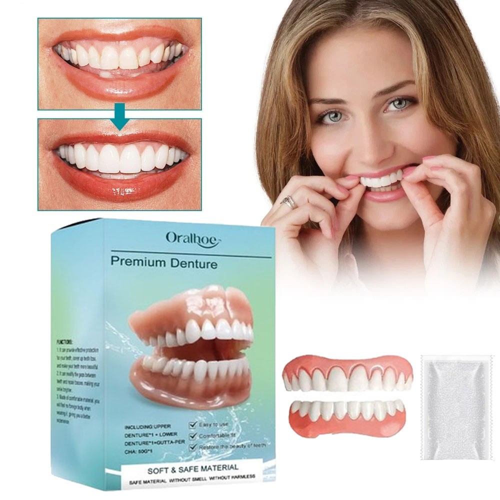 DIY Full Denture Set,Soft & Safe Moldable False Teeth Set,Upper & Lower Braces