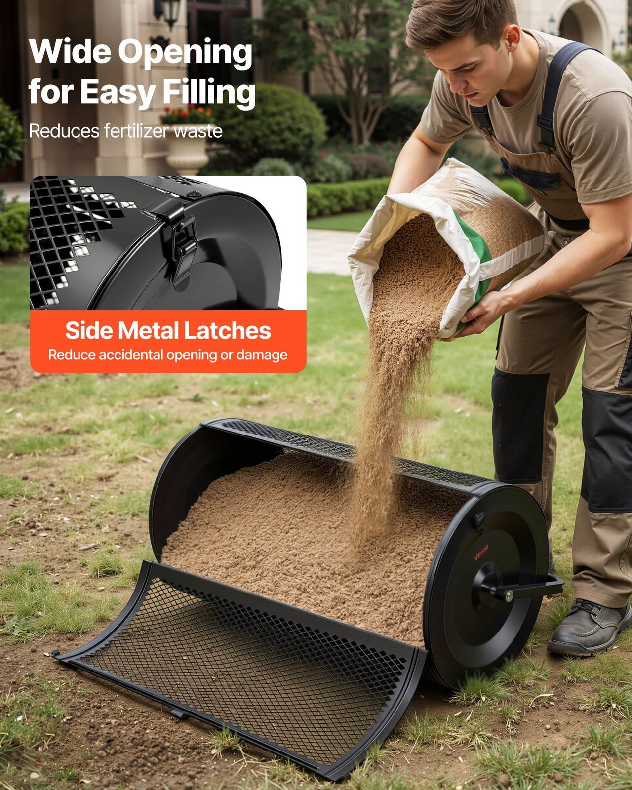 Peat Moss Spreader 36in, Steel Drum 4.1cu ft, Diamond Mesh, Push or Tow, Black
