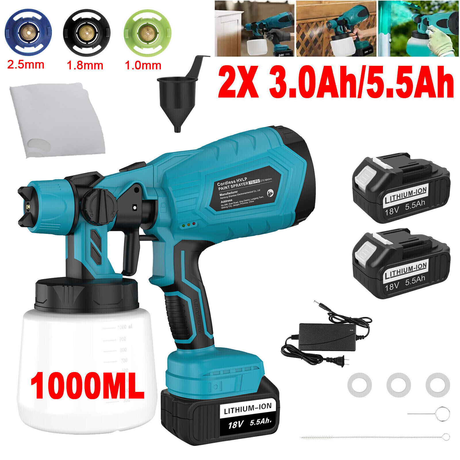 High Pressure Cordless Paint Sprayer Electric Airless HVLP Spray Gun +2 Battery