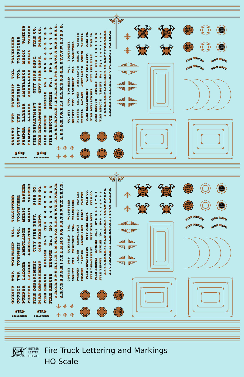 K4 HO 1:87 Scale Decals Fire Engine Truck Markings Bronze, Silver and Black