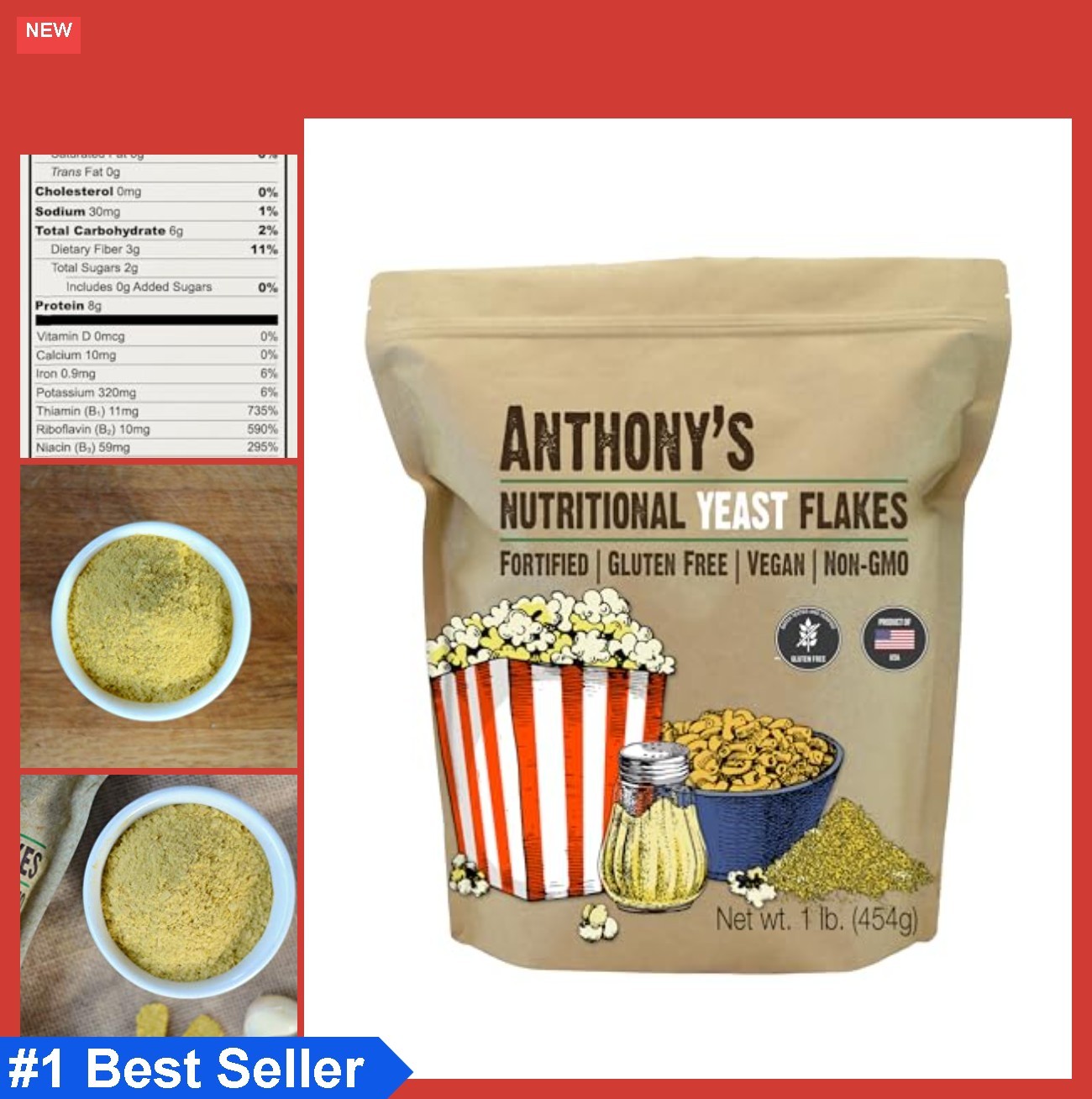 Nutritional Yeast Flakes 1 lb Fortified Gluten Free Non GMO Vegan B12 Plant