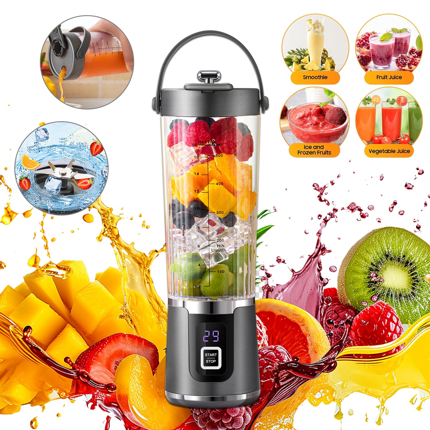 Cordless Portable Personal Size Blender - 17 Oz Mini Blender USB Rechargeable