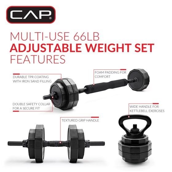 CAP 66lb Multi-Use Weight Set - Adjustable Dumbbell, Barbell & Kettlebell