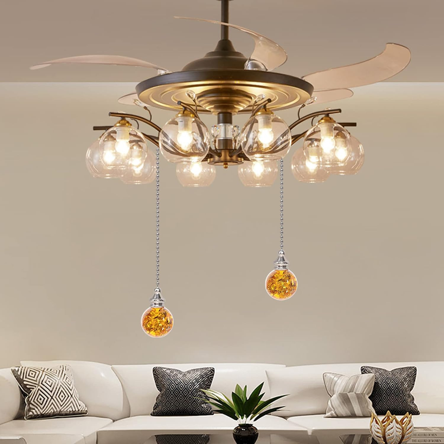 Amber Pull Crystal Glass Ice Cracked Ball Pull Chain for Ceiling Fan Light Decor