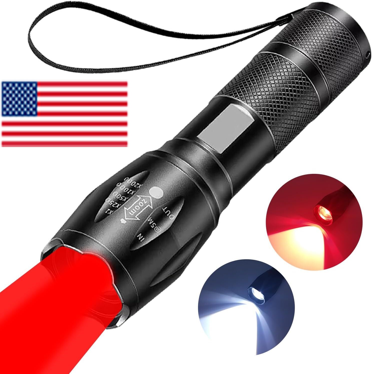 1PC 2 IN 1 White Light&Red Light LED Flashlight Pocket Light Zoomable Torch