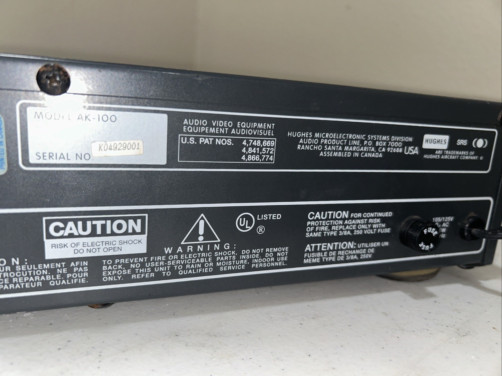 Hughes AK-100 SRS Sound Retrieval System Stereo Processor As Is Untested